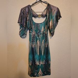 ​Vintage Y2K Baby Phat Mini Dress XS Tropical Palm Shimmer Rhinestone Cat Logo